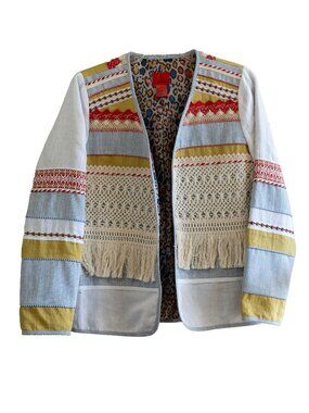 PATCHWORK Jacket Linen Gypsy Bohemian Y2k Fringe Open Front V Cristina Coat